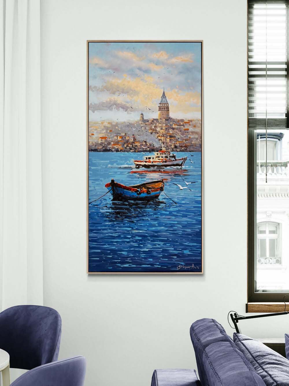 Boğazdan Galata Kulesi Yağlı Boya Tablosu