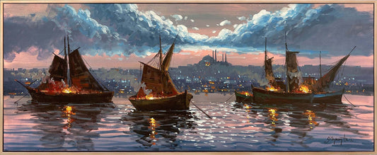 İstanbul Boğazı Gece Işıltısı Yağlı Boya Tablosu Simurg Sanatevi