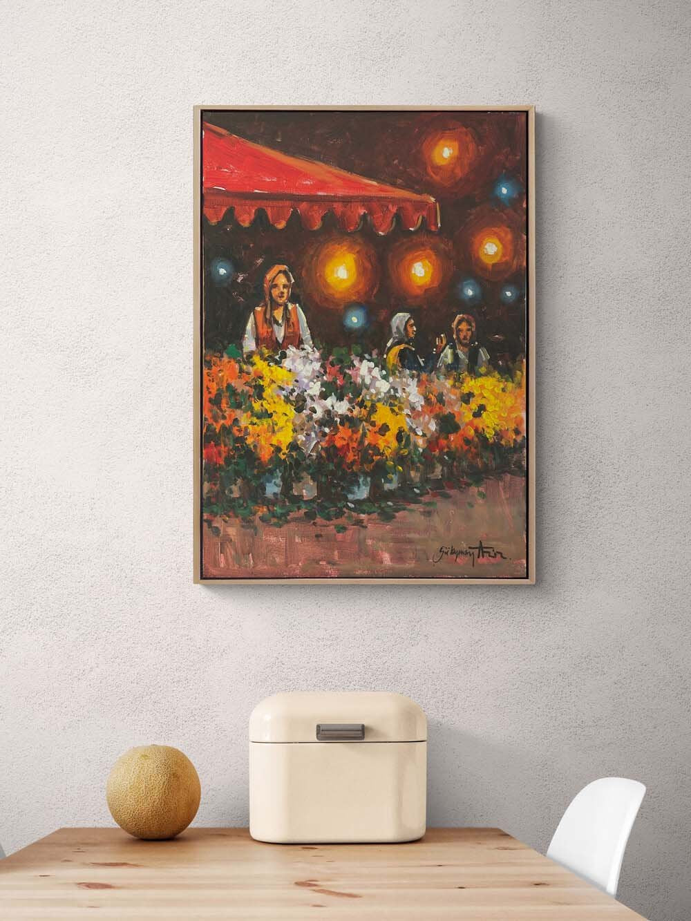 Sokak Lambası ve Çiçekler Yağlı Boya Tablosu