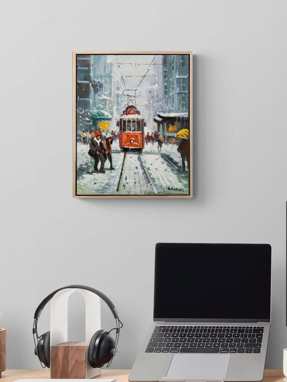 Karda Kırmızı Tramvay Yağlı Boya Tablosu