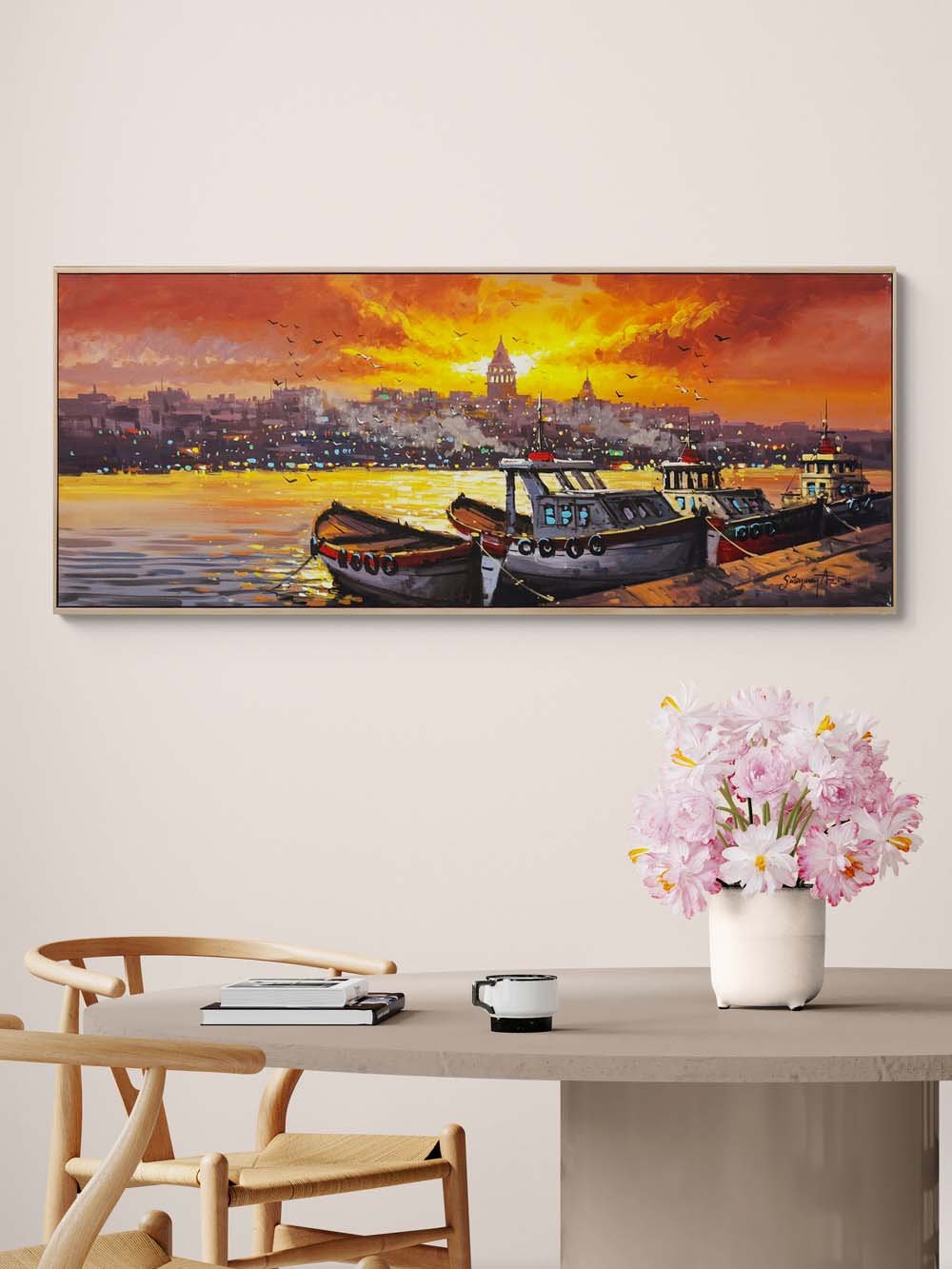 Boğazda Sessiz Kayıklar Yağlı Boya Tablosu