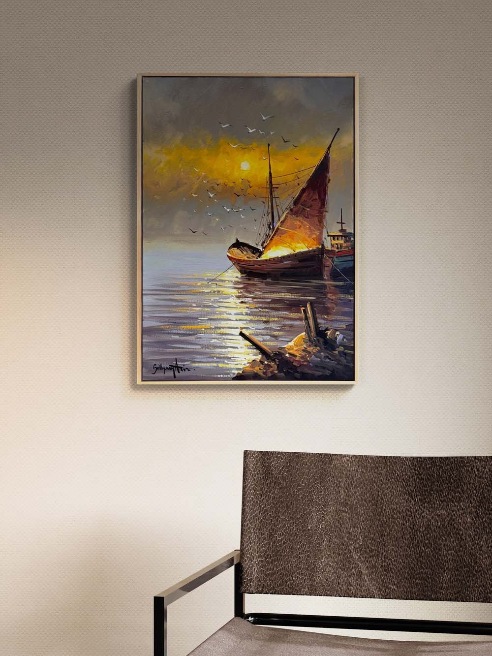 Gün Doğuşu Yelkenli Yağlı Boya Tablosu