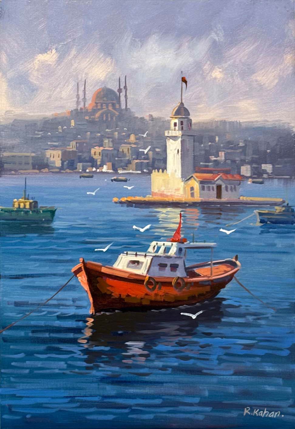 Maviyle Sarılan Kız Kulesi Yağlı Boya Tablosu