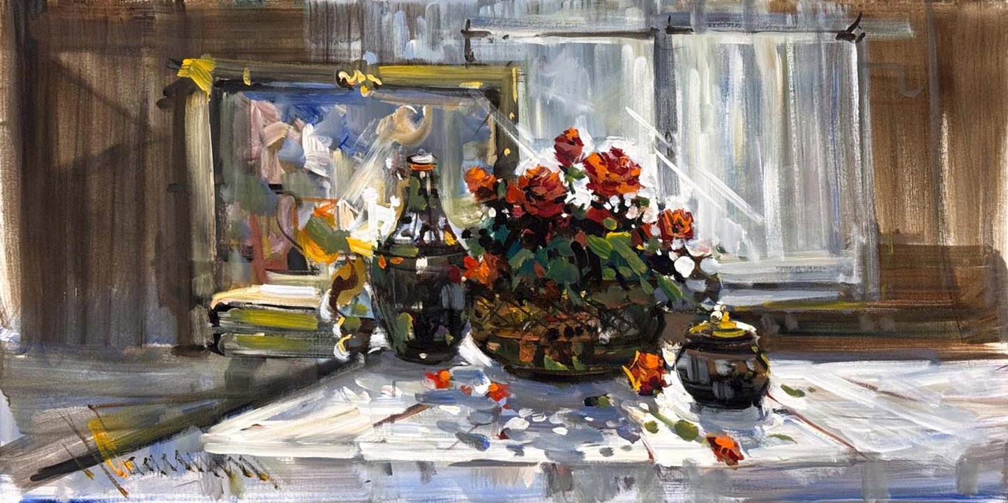 Pencere Önünde Güller Yağlı Boya Tablosu