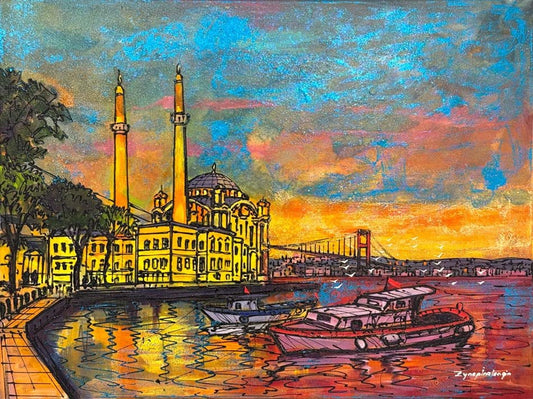 Ortaköy'de Gün Batımı Yağlı Boya Tablosu Simurg Sanatevi