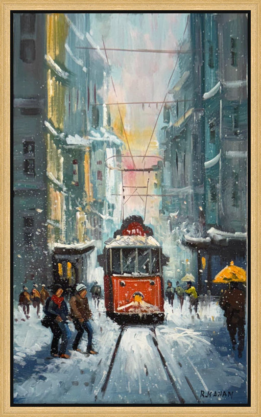 İstiklal Caddesi'nde Tramvay Yağlı Boya Tablosu Simurg Sanatevi