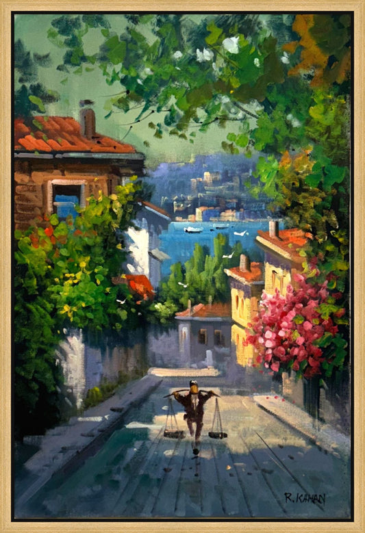Yokuşlu Yeşil Sokak Yağlı Boya Tablosu