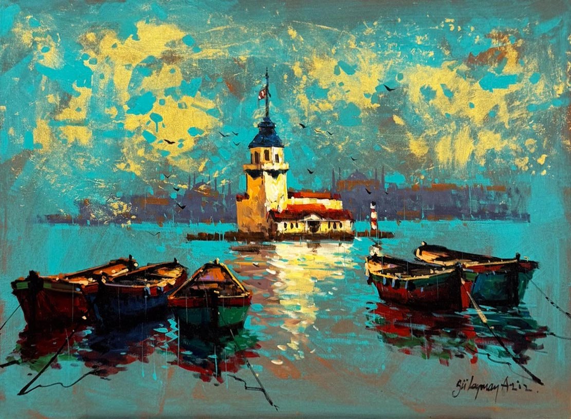 Kız Kulesinde Sandallar Yağlı Boya Tablosu