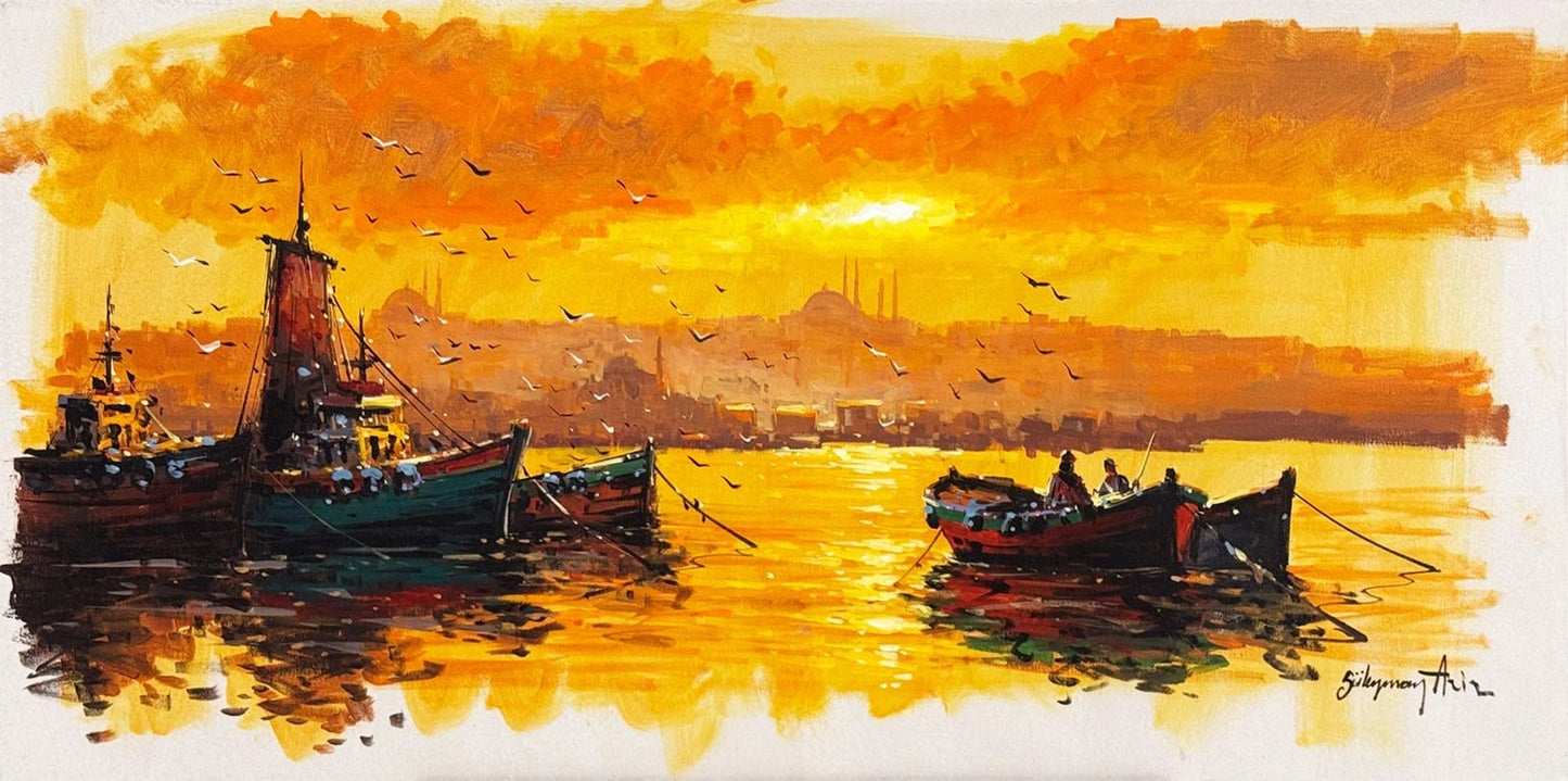 Günbatımında Boğaz Sefası Yağlı Boya Tablosu