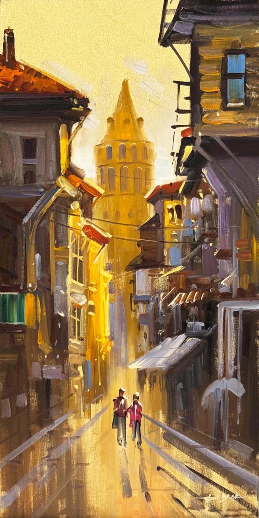 Turuncu Akşam Galata Yağlı Boya Tablosu
