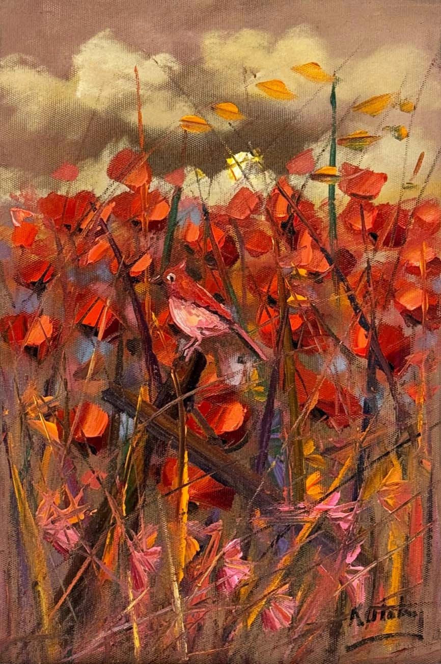 Kırmızıya Konan Kuş Yağlı Boya Tablosu