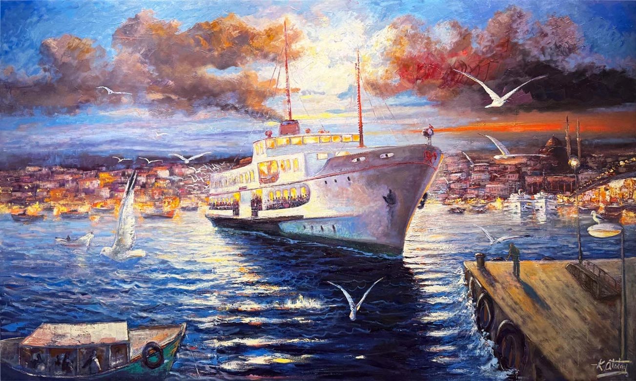 Boğazda Akşam Vapuru Yağlı Boya Tablosu