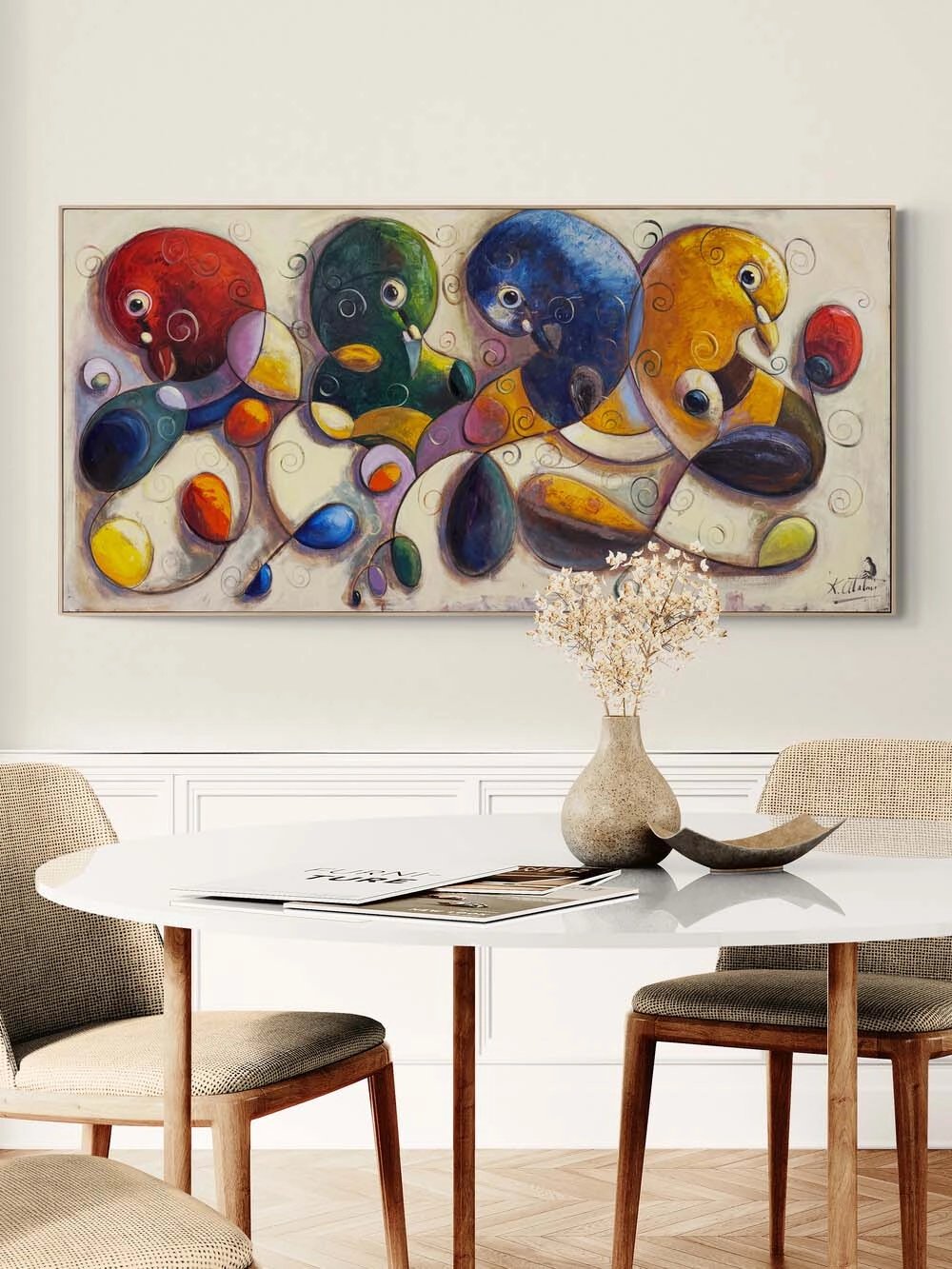 Soyut Renkli Güvercinler Yağlı Boya Tablosu