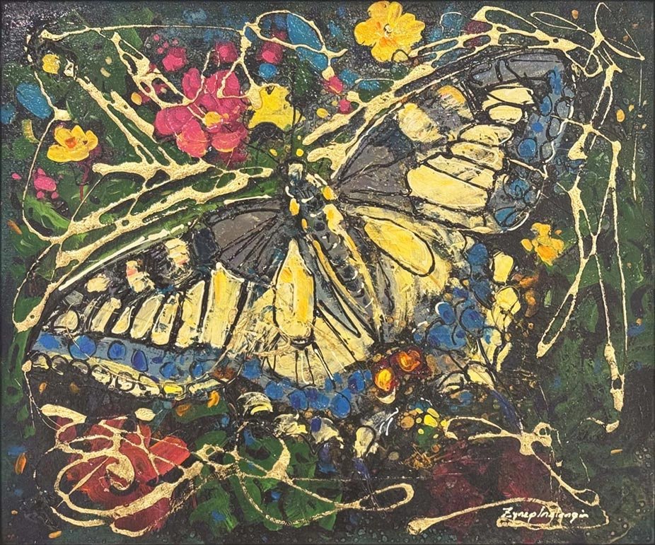 Çiçeklerde Kelebek Yağlı Boya Tablosu