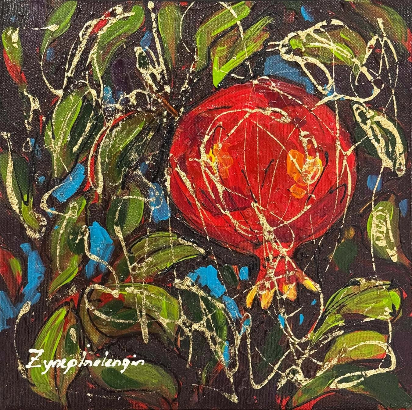 Altın İzli Narlar Yağlı Boya Tablosu