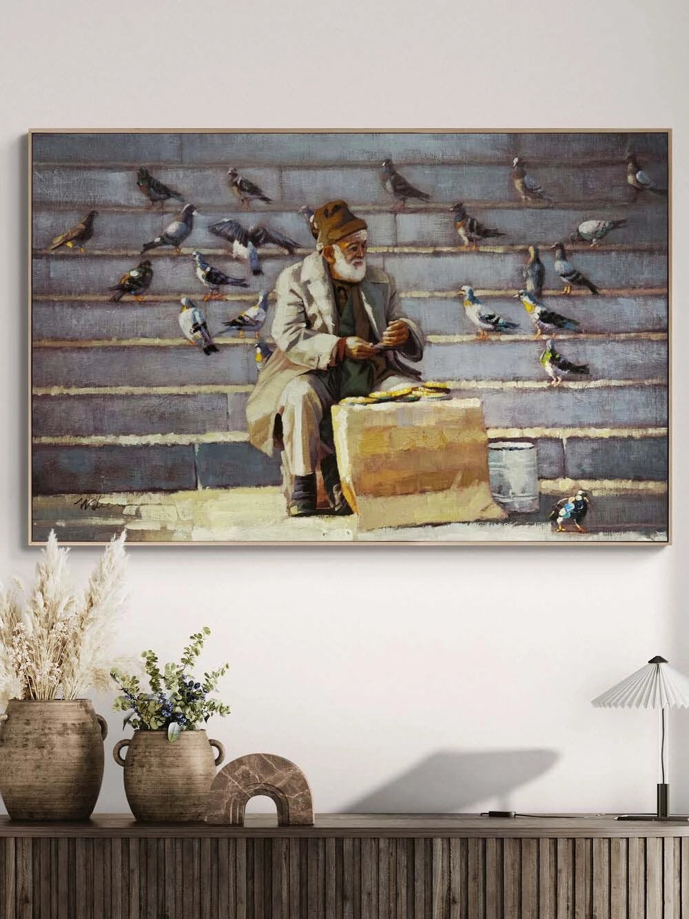 Güvercinlerin Dostu Yağlı Boya Tablosu Simurg Sanatevi