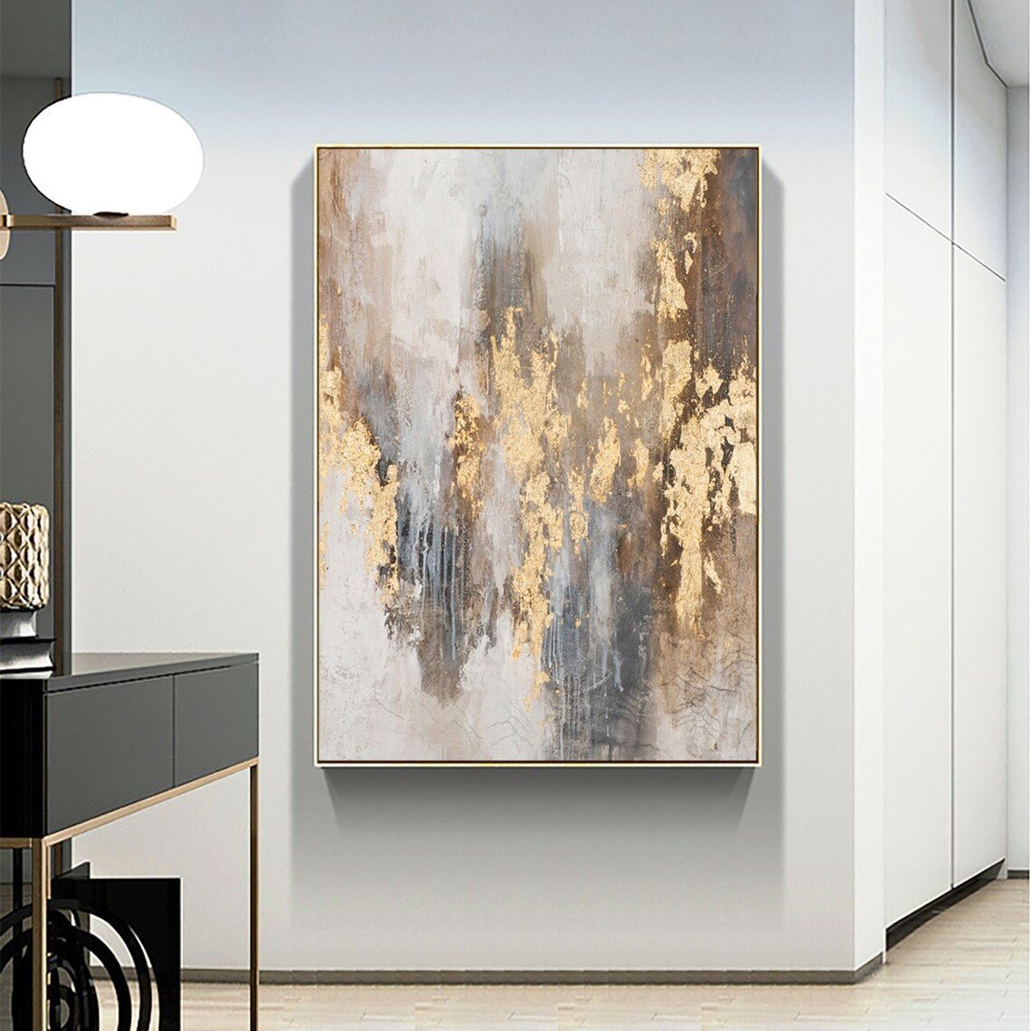 Altın ve Beyaz Soyut Siparişe Özel Soyut Yağlı Boya Tablo