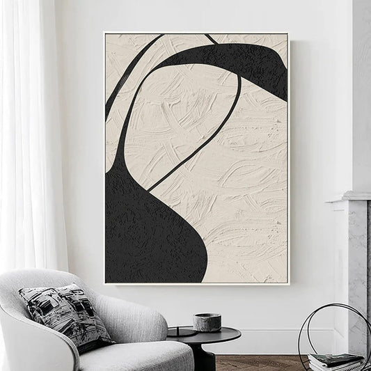 Minimalist Bej ve Siyah Soyut Siparişe Özel Soyut Yağlı Boya Tablo Simurg Sanatevi