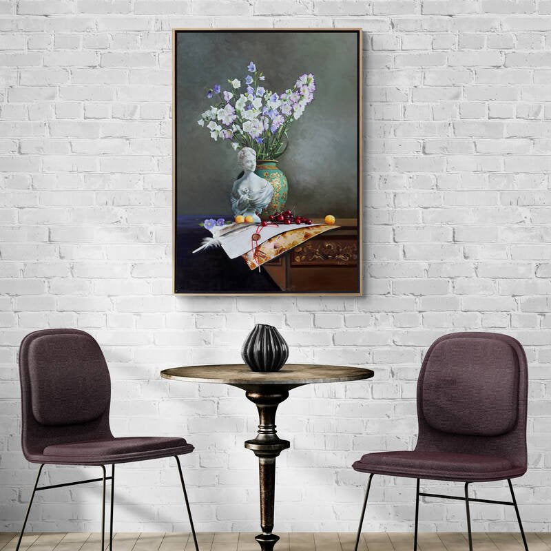 Heykel ve Çan Çiçeklerinin Ahengi Siparişe Özel Yağlı Boya Tablo