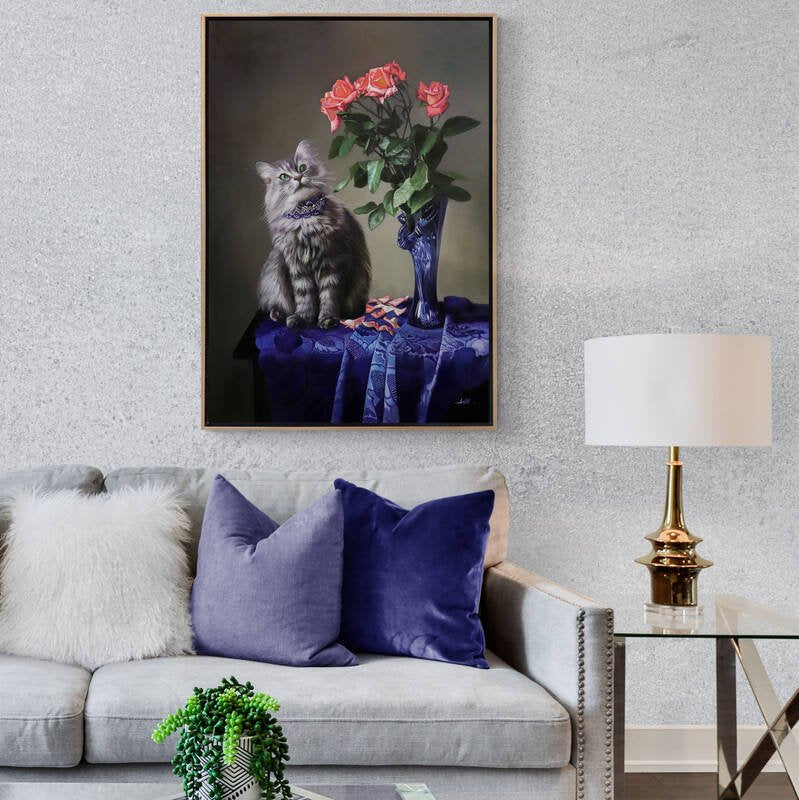 Vazoda Pembe Güller ve Kedinin Bakışı Siparişe Özel Yağlı Boya Tablo