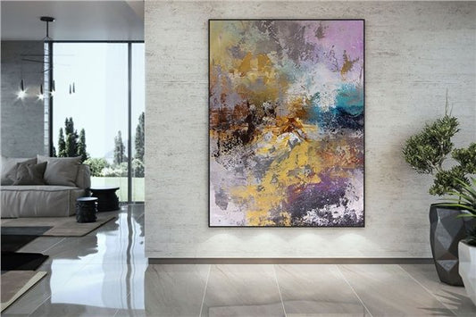 Pembe Mavi ve Sarı Siparişe Özel Soyut Yağlı Boya Tablo Simurg Sanatevi