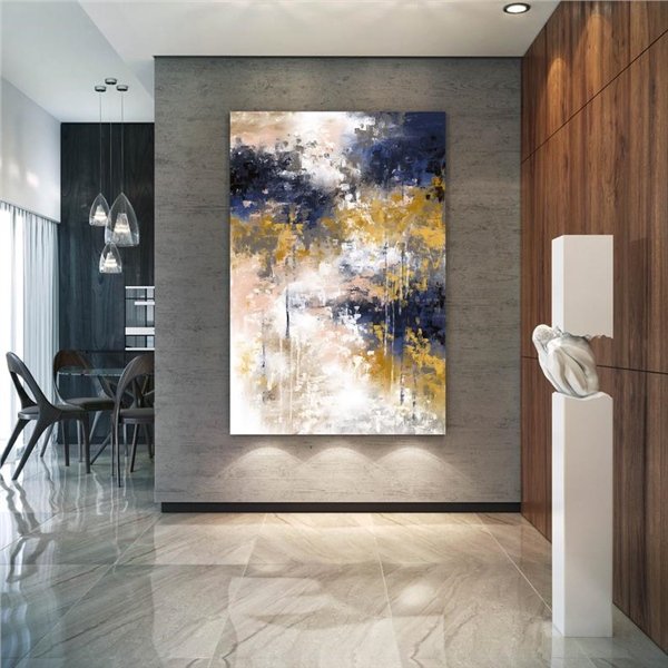 Spatula ile Mavi Sarı Siparişe Özel Soyut Yağlı Boya Tablo