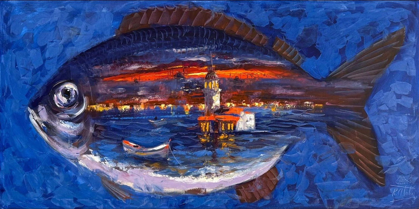 Balığın Kalbinde Kule Yağlı Boya Tablosu