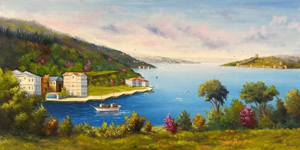 Boğaz ve Deniz Manzarası Yağlı Boya Tablosu Simurg Sanatevi