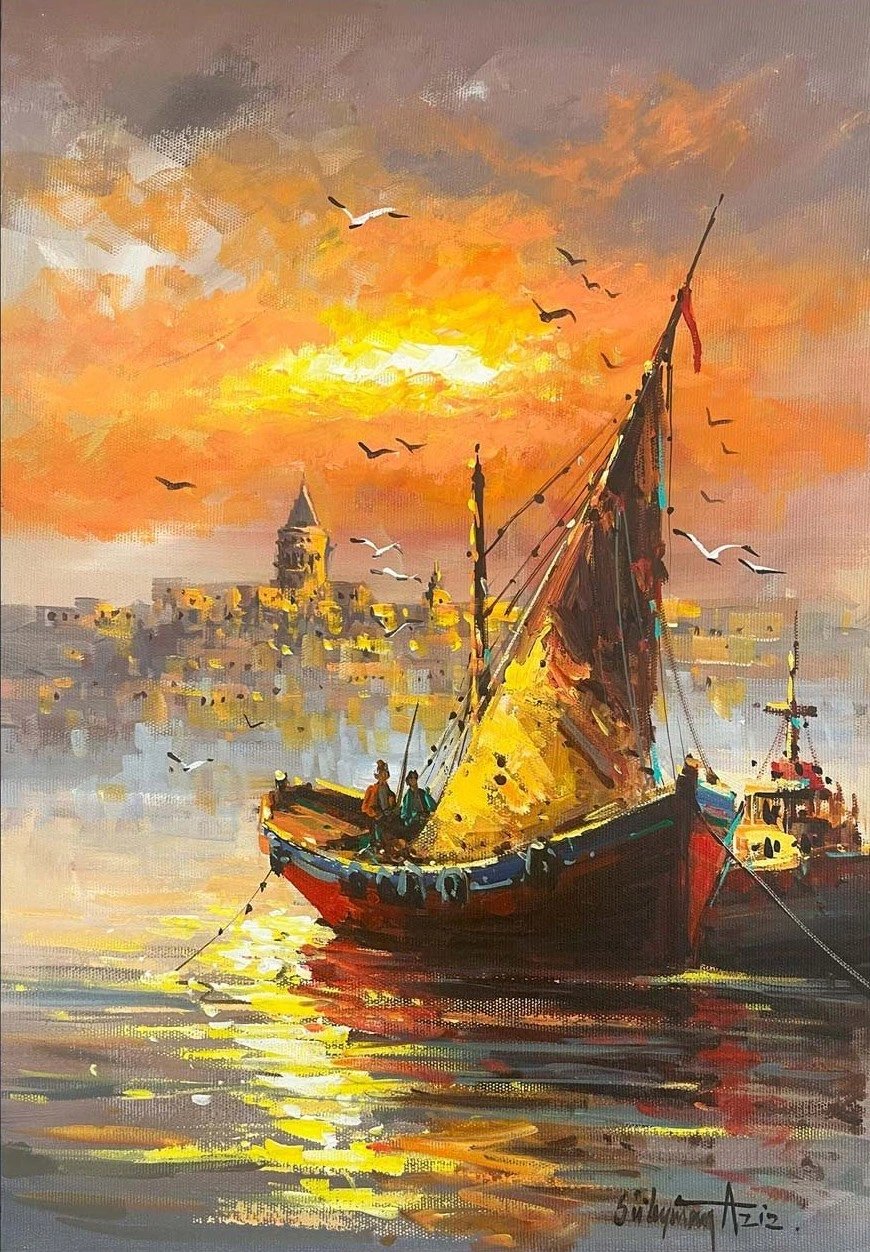 Boğazda Kayıklar Yağlı Boya Tablosu