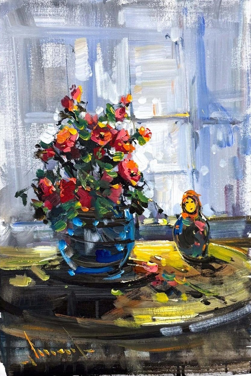 Cam Kenarında Çiçekler Yağlı Boya Tablosu