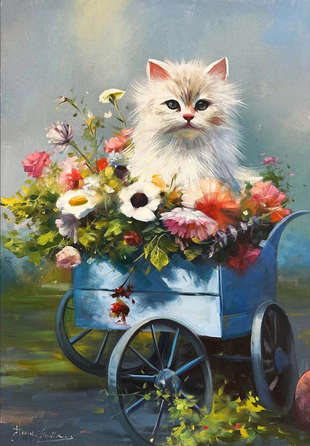 Çiçek Arabasında Bahar Yağlı Boya Tablosu