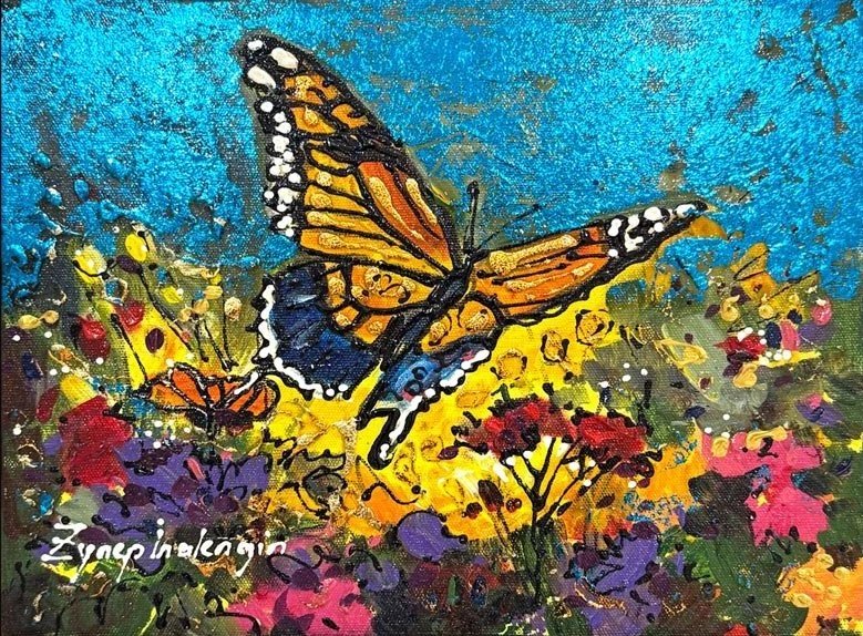 Çiçek Bahçesinde Kanatlar Yağlı Boya Tablosu