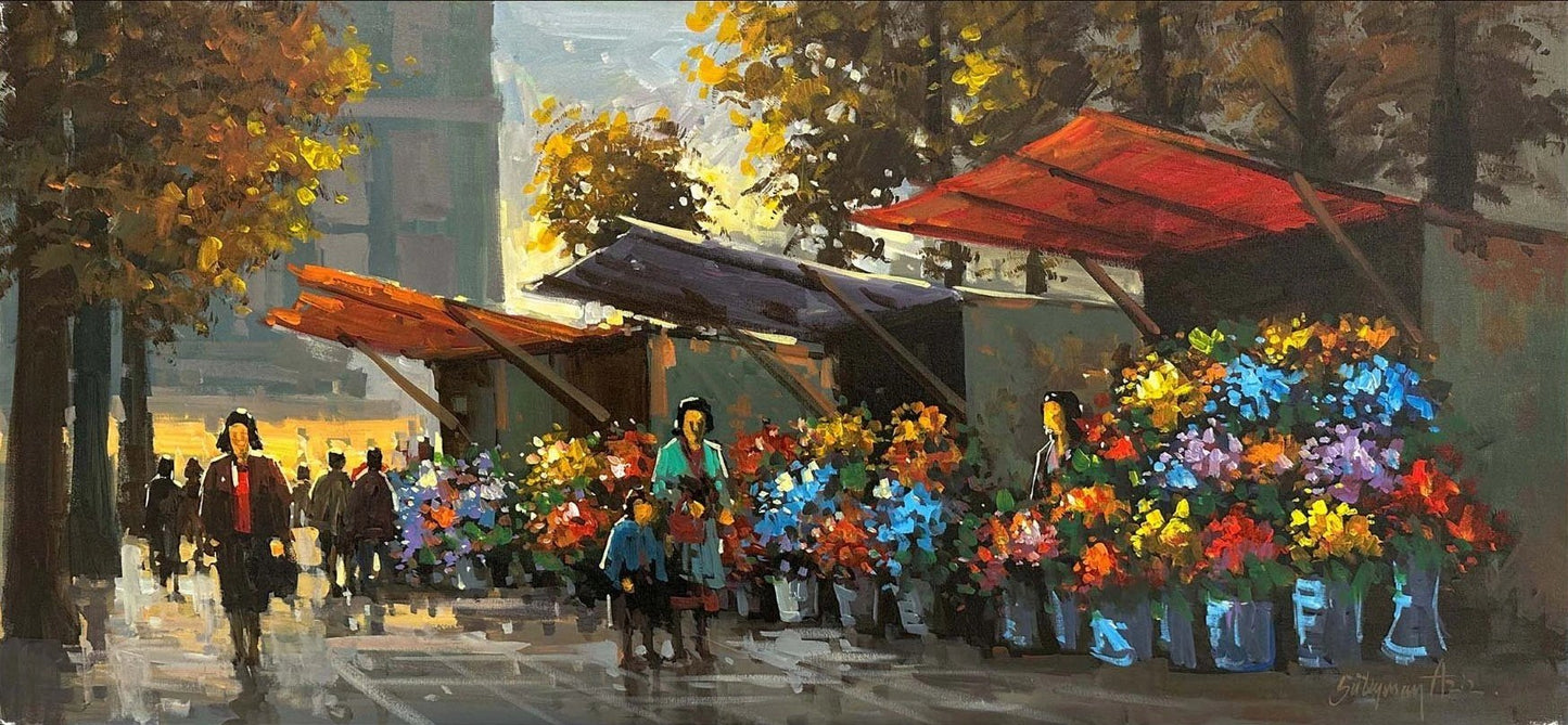 Çiçek Pazarında Bir Gün Yağlı Boya Tablosu
