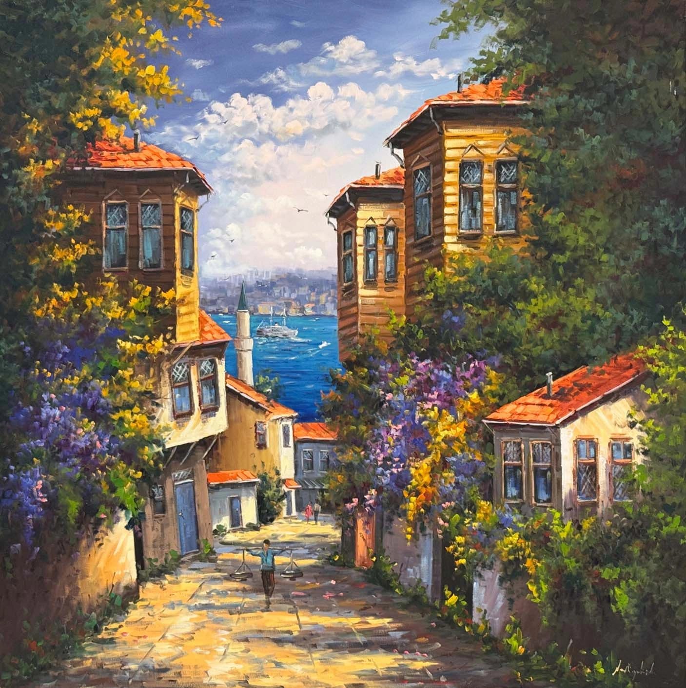 Denizle Buluşan Evler Yağlı Boya Tablosu