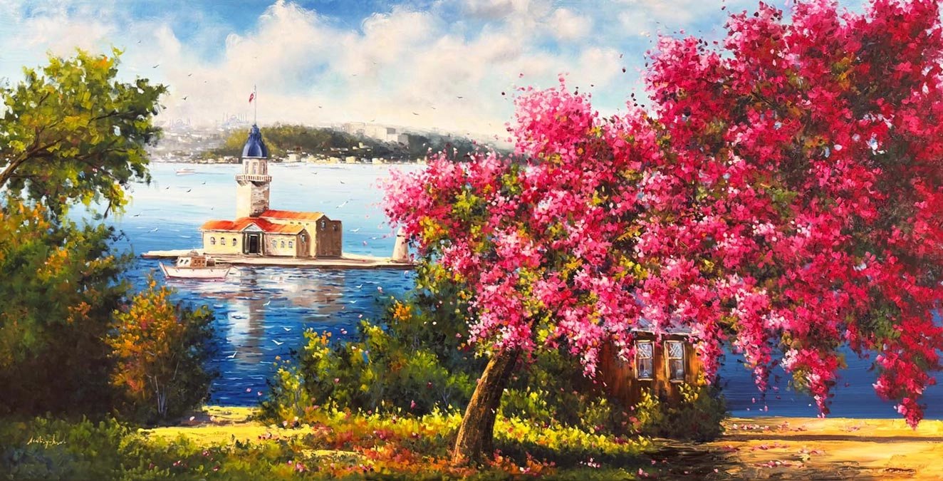 Erguvanlar İçinde Kız Kulesi Yağlı Boya Tablosu