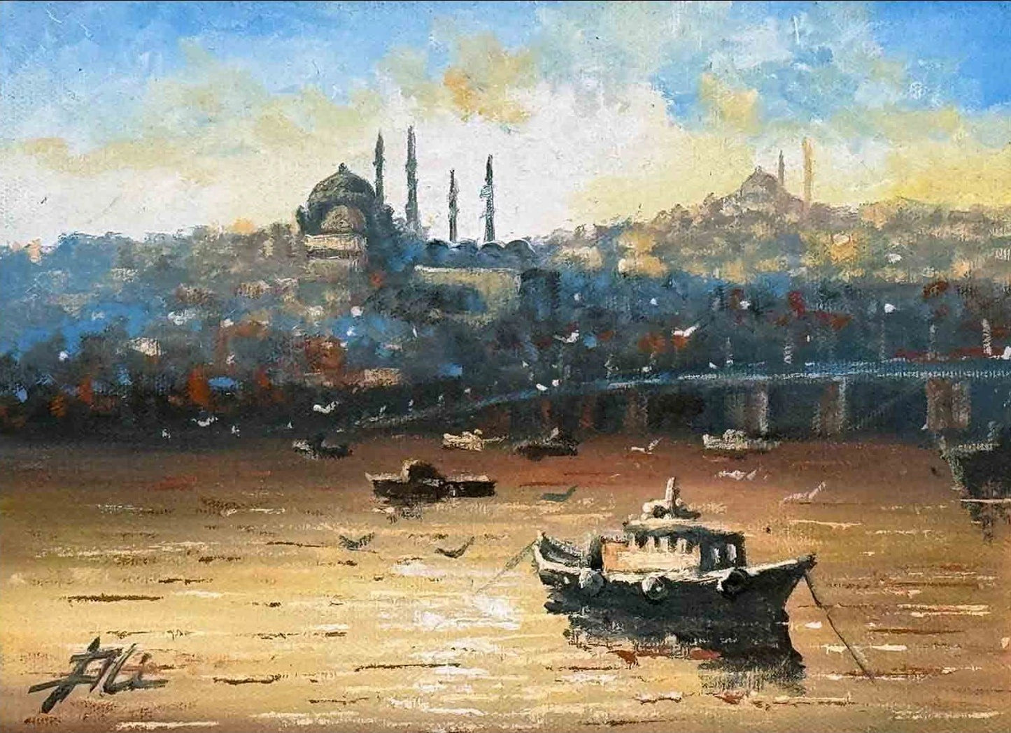 Galata Köprüsü ve Yeni Cami Yağlı Boya Tablosu