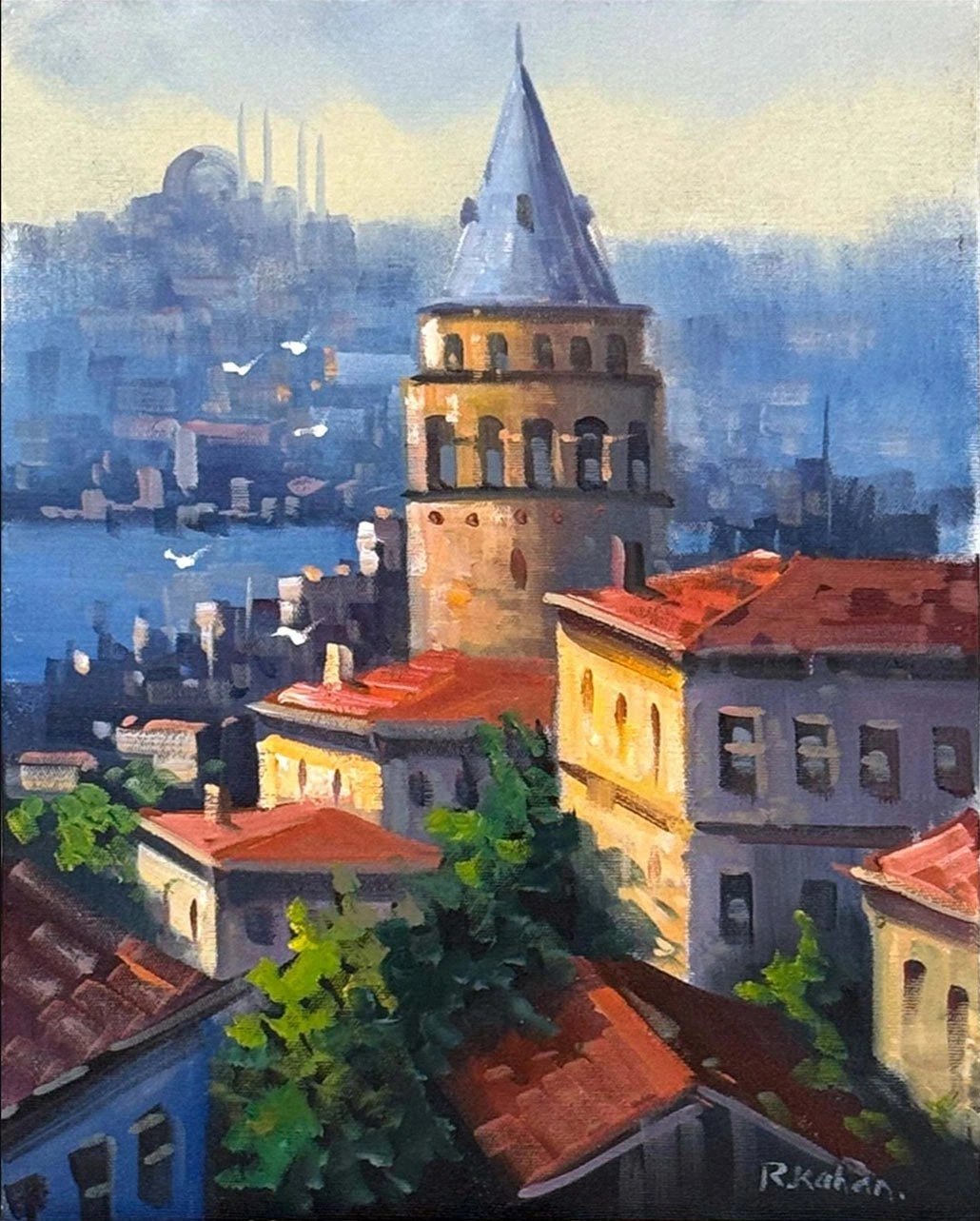 Galata Kulesinde Işık Yağlı Boya Tablosu