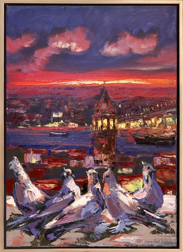 Galata'ya Bakan Kuşlar Yağlı Boya Tablosu Simurg Sanatevi