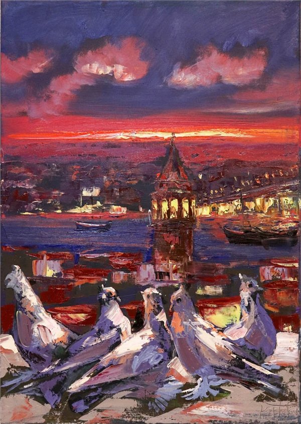 Galata'ya Bakan Kuşlar Yağlı Boya Tablosu Simurg Sanatevi