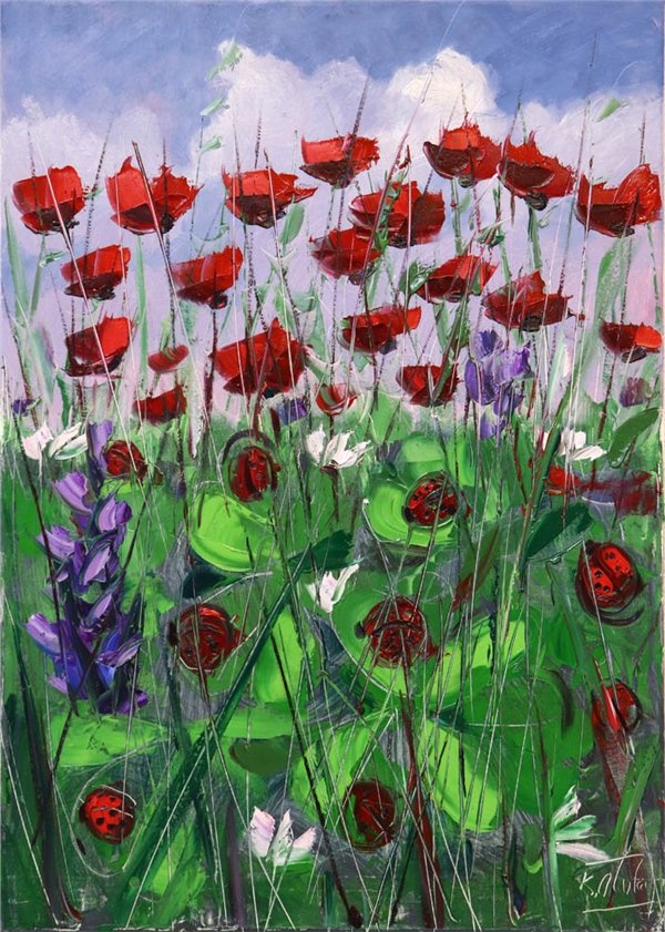 Gelincikler ve Uğur Böcekleri Yağlı Boya Tablosu