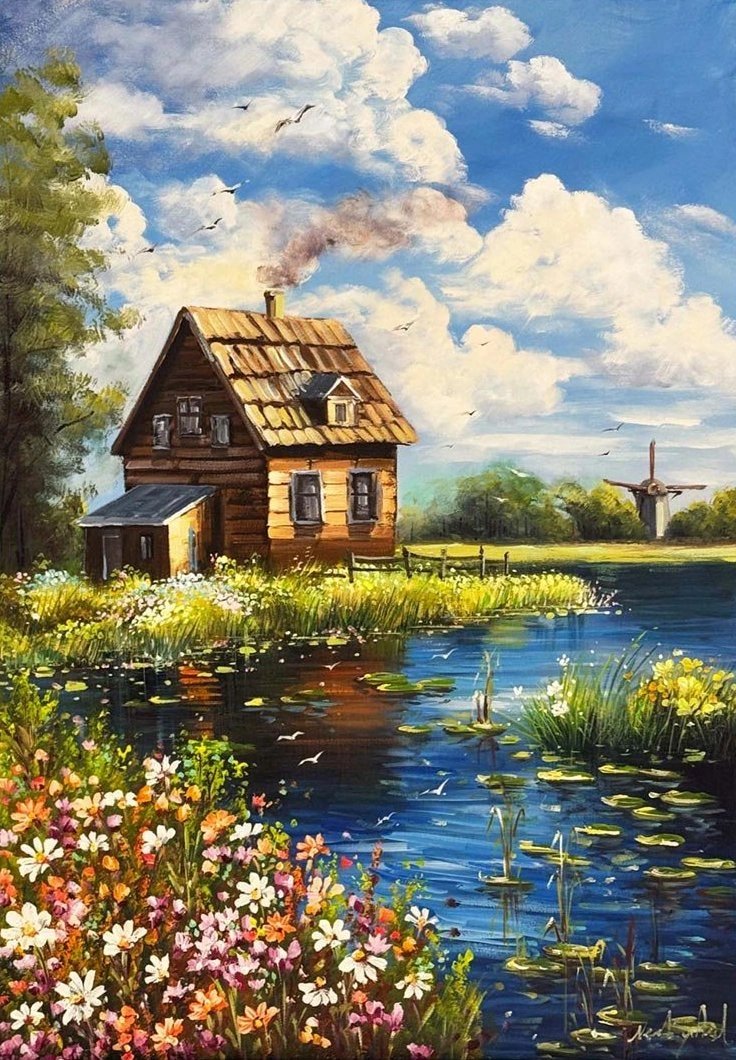 Göl Evinde Bahar Yağlı Boya Tablosu