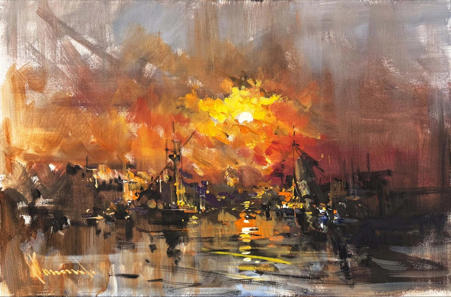 Günbatımında Liman Yağlı Boya Tablosu