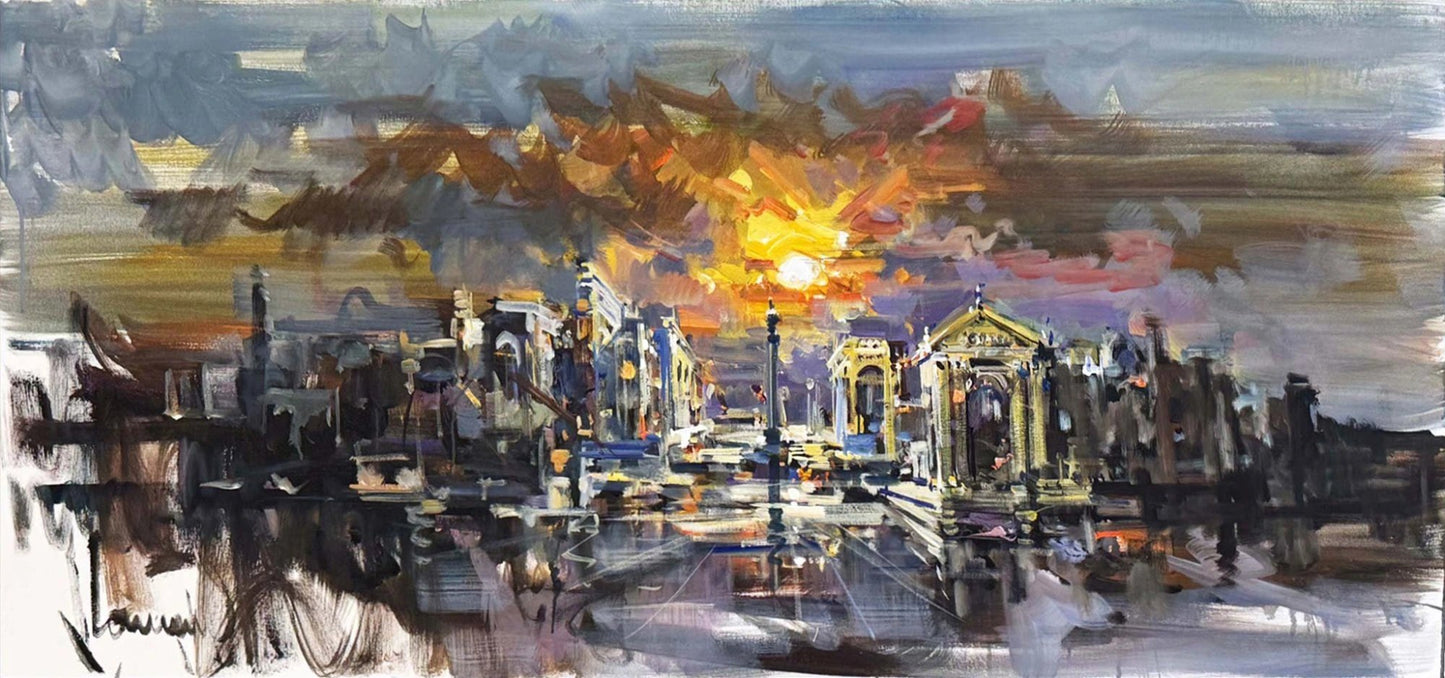 Güneşin Ardındaki Şehir Yağlı Boya Tablosu