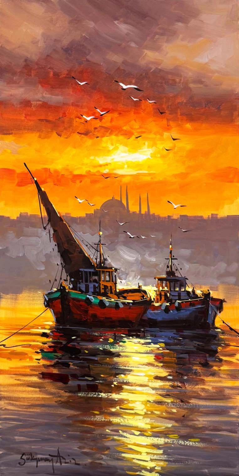 İki Tekne, Bir Akşam Yağlı Boya Tablosu