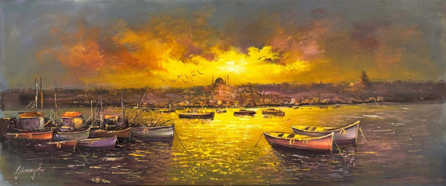 İskeleden Gün Batımı Yağlı Boya Tablosu