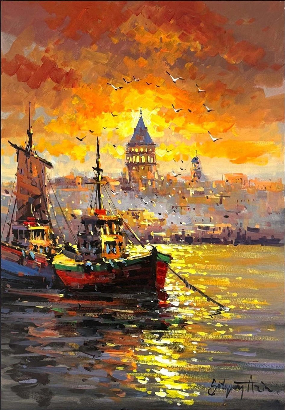 İstanbul Boğaz'ında Akşam Yağlı Boya Tablosu