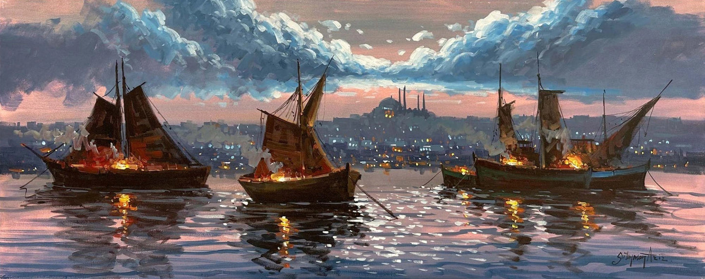 İstanbul Boğazı Gece Işıltısı Yağlı Boya Tablosu