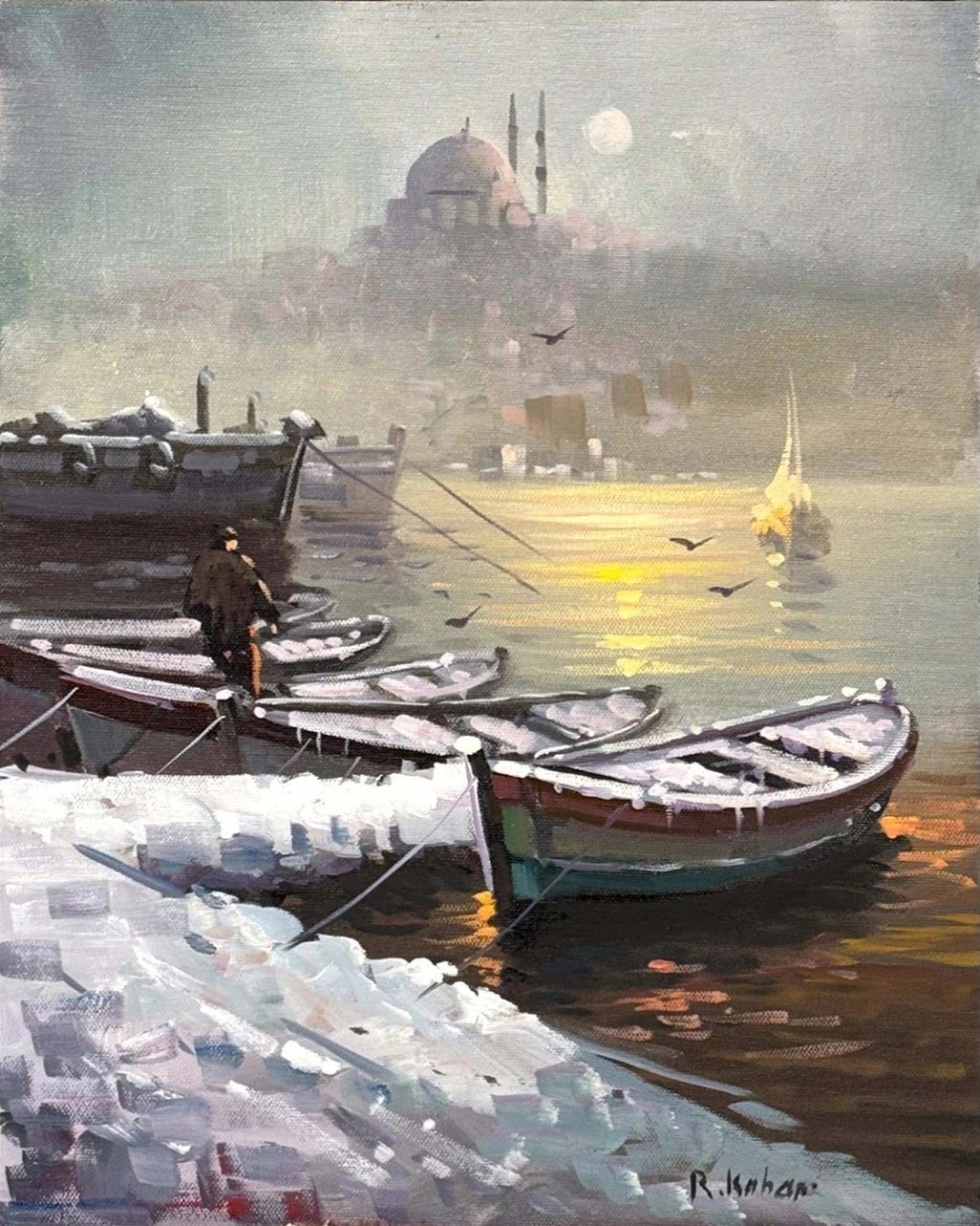 Kar Manzarasında Boğaz Yağlı Boya Tablosu