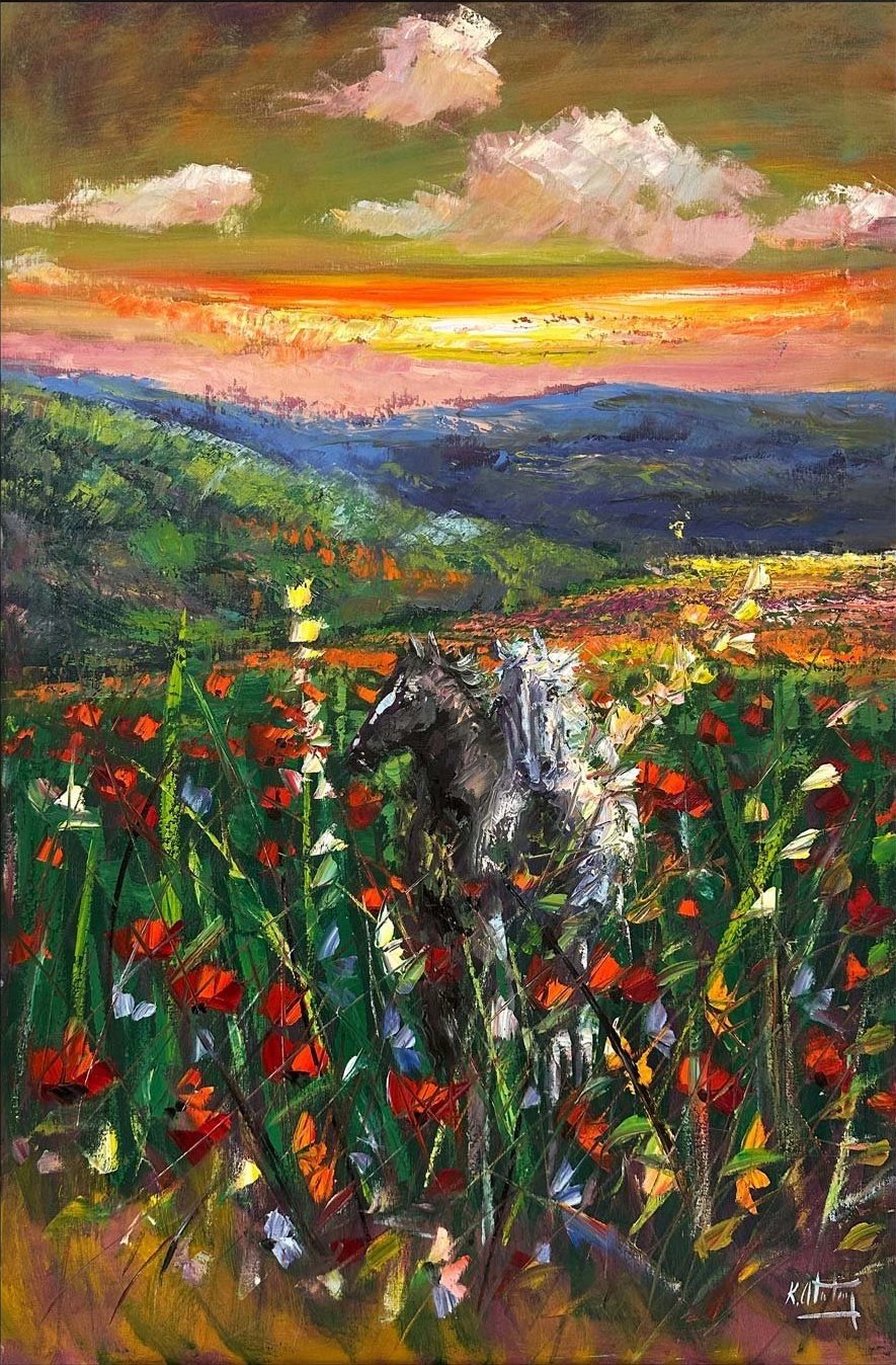 Kır Çiçekleri Arasında Atlar Yağlı Boya Tablosu