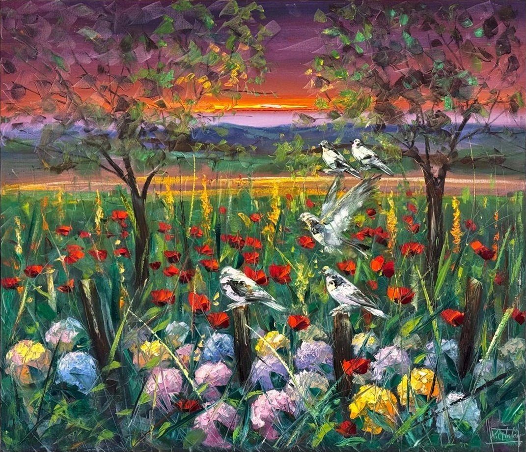 Kır Çiçekleri ve Kuşlar Yağlı Boya Tablosu